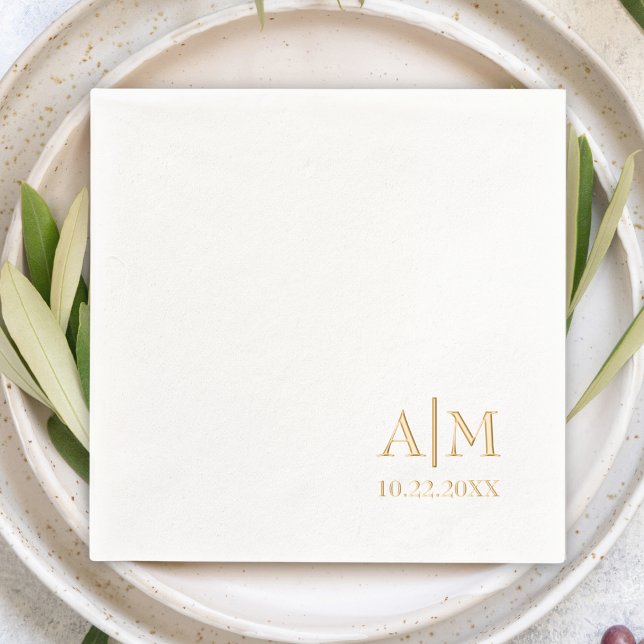 Minimalist Simple Couple Initials & Wedding Date Foil Napkins (simple minimalist wedding cocktail napkins couple's monogram initials & wedding date modern cute)