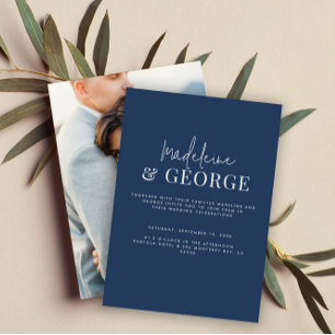 Minimalist simple elegant navy blue photo wedding invitation