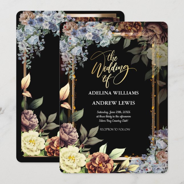 Minimalist Simple Flowers Rose,Gold Frame Wedding Invitation (Front/Back)