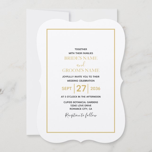 Minimalist Simple Gold Black & White Wedding Invitation (Front)