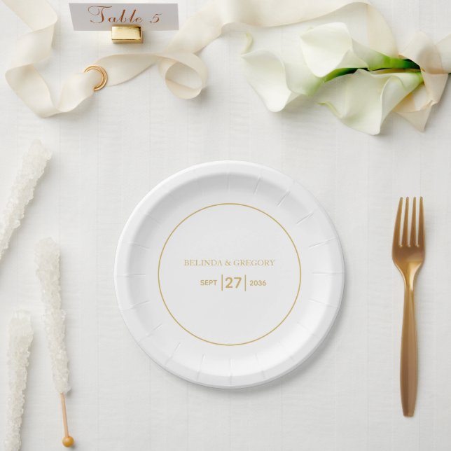Minimalist Simple Gold Black & White Wedding  Paper Plate (Wedding)