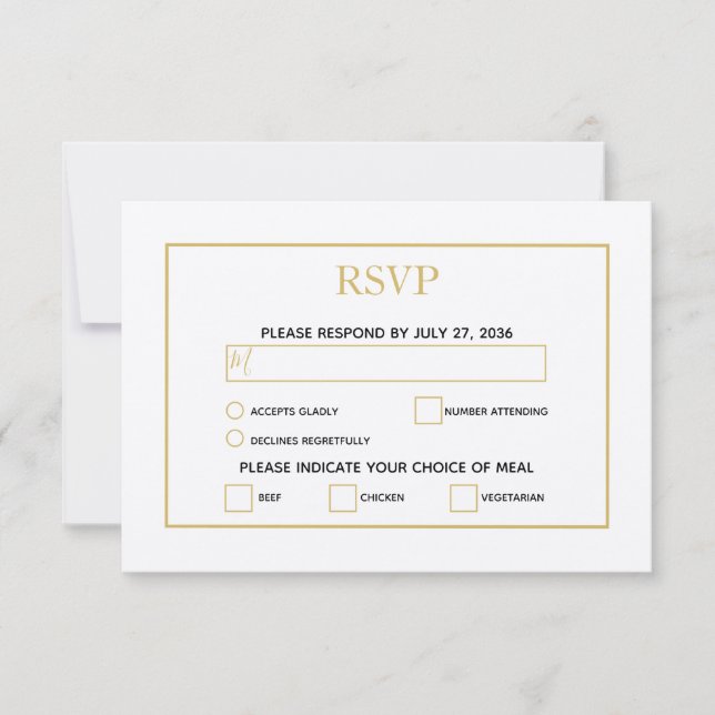Minimalist Simple Gold Black & White Wedding RSVP Card (Front)