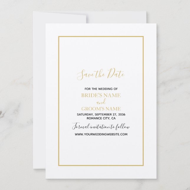 Minimalist Simple Gold Black & White Wedding Save The Date (Front)