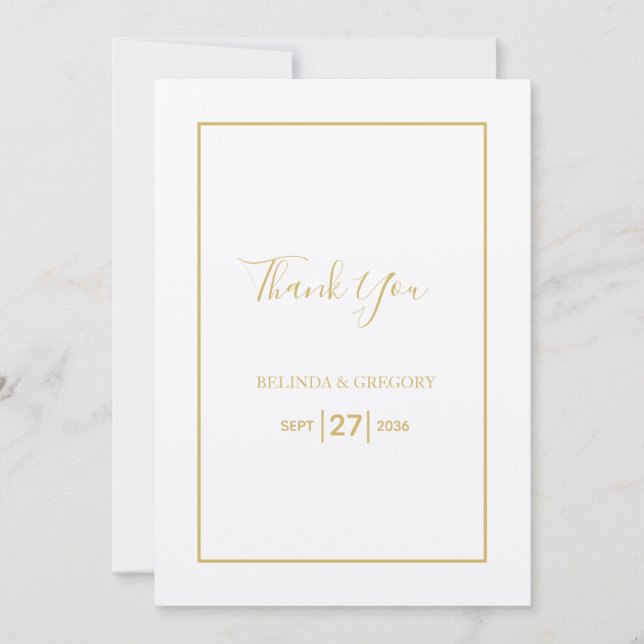 Minimalist Simple Gold Black & White Wedding Thank You Card (Front)