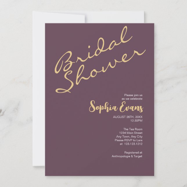 Minimalist & Simple Gold & Eggplant Bridal Shower Invitation (Front)