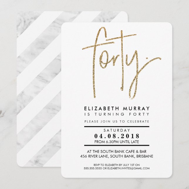 MINIMALIST simple gold glitter 40th FORTY INVITE (Front/Back)