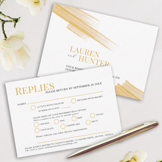 Minimalist simple golden brown ink meal wedding RSVP card (Creator Uploaded)