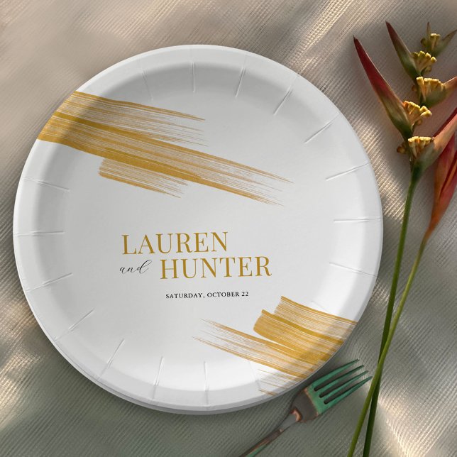 Minimalist simple golden brown ink wedding paper plate (Creator Uploaded)