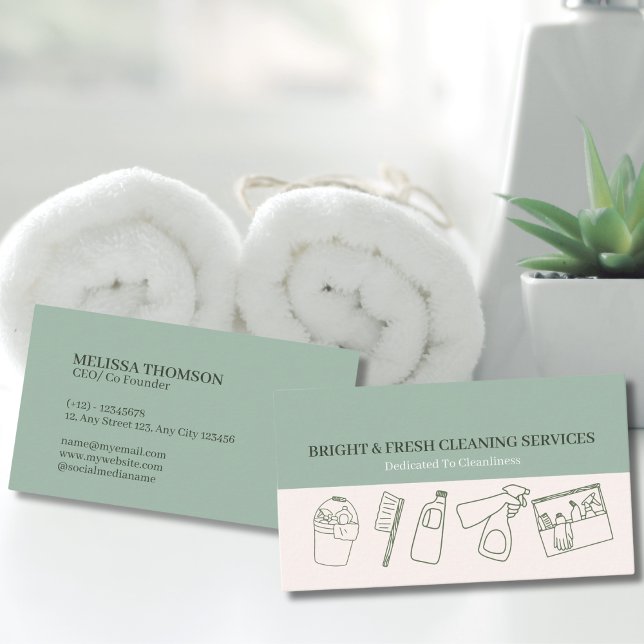 Minimalist Simple Green Cream Cleaning Services Business Card (Creator Uploaded)