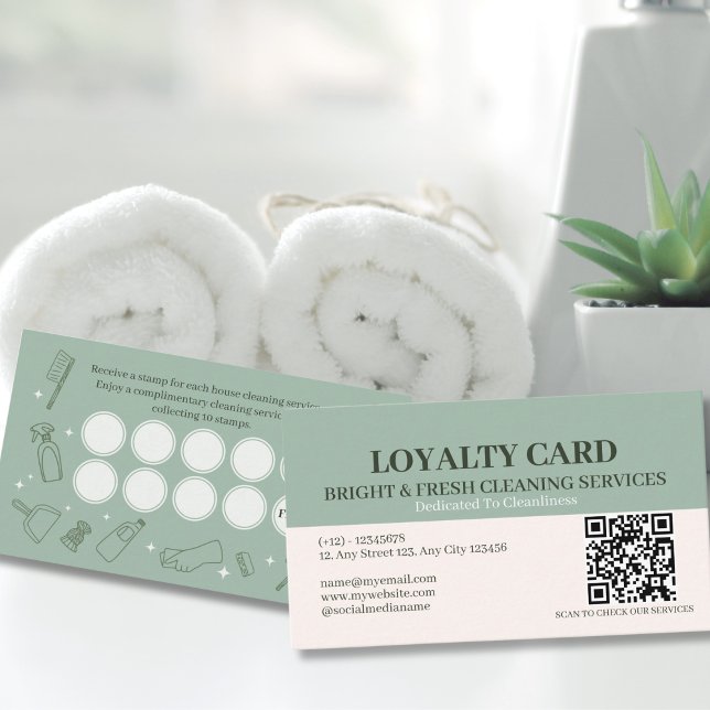 Minimalist Simple Green Cream Cleaning Services Loyalty Card (Creator Uploaded)