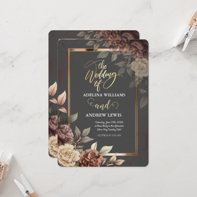 Minimalist Simple Grey, Rose Gold Frame Wedding Invitation (Front/Back In Situ)