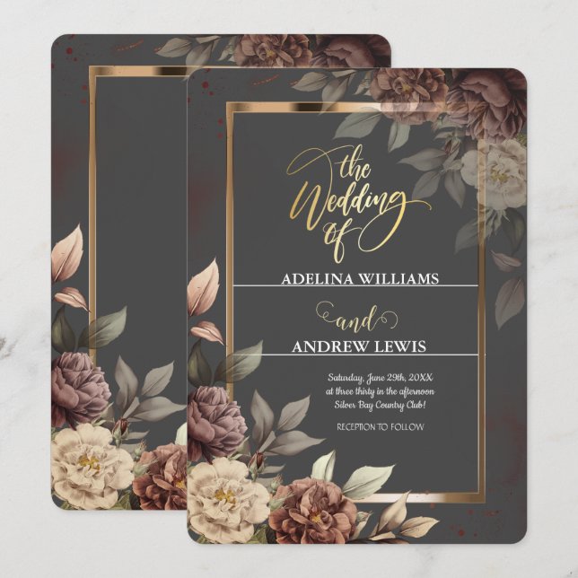 Minimalist Simple Grey, Rose Gold Frame Wedding Invitation (Front/Back)