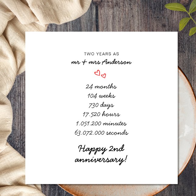 Minimalist Simple Heart 2nd Wedding Anniversary Card (Front)