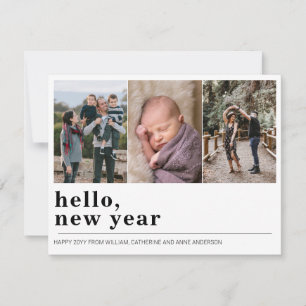 Minimalist Simple Hello Happy New Year 3 Photo Holiday Card