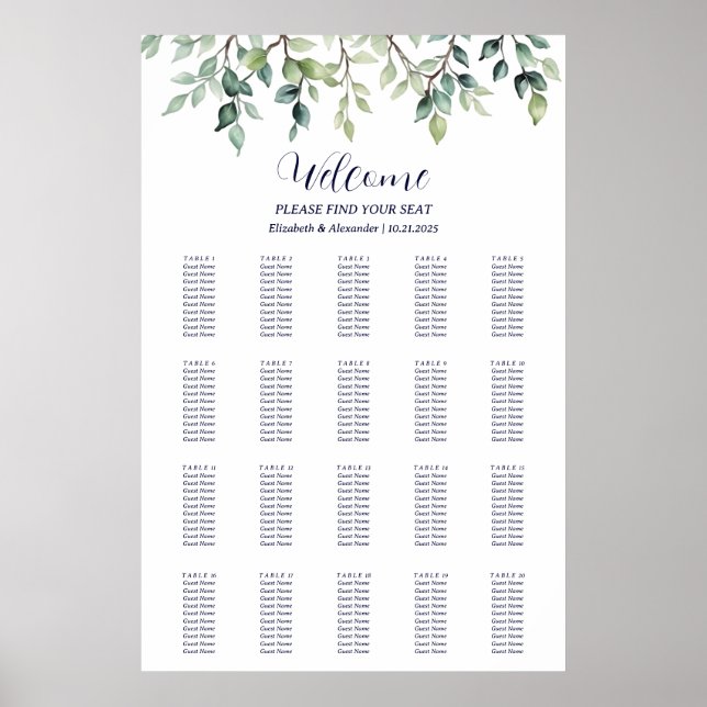 Minimalist Simple leaves wedding seating chart (Front)