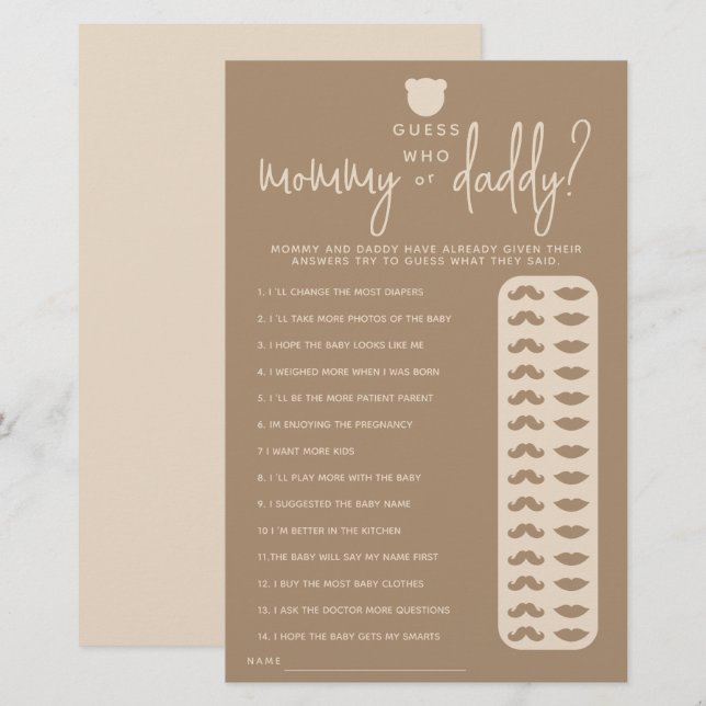 Minimalist simple modern bear Baby Shower Game  (Front/Back)