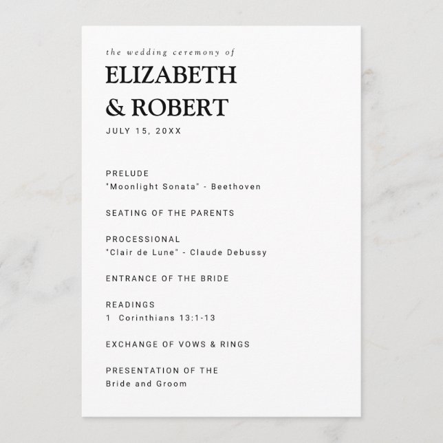 Minimalist Simple Modern wedding Ceremony Black Programme (Front)