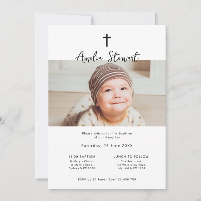 Minimalist simple photo baptism christening invitation (Front)