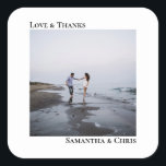 Minimalist Simple Photo Love & Thanks Wedding Square Sticker<br><div class="desc">These stickers are perfect for wedding thank you gifts or favours, or as an addition to your invitation mailing. They feature a simple minimalist design with your square photo on a white background. The left justified caption atop the photo reads "Love and Thanks", while the couple's names below are right...</div>