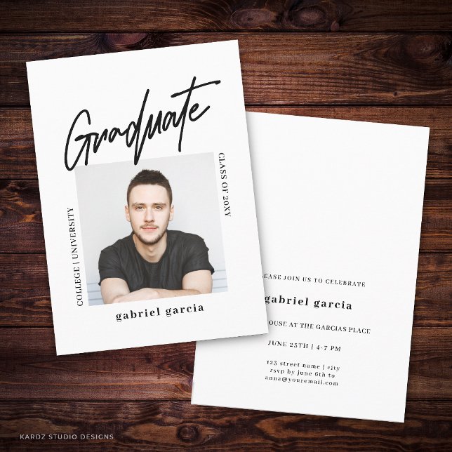 Minimalist Simple Photo Script Graduate Invitation (Front and back of 4.5 x 6.25 card is shown. Choose size, corner and paper style.)