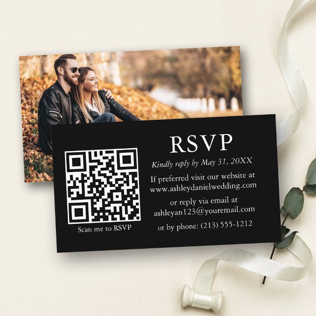 Minimalist Simple Photo Wedding QR Black RSVP Enclosure Card (Customize to change text size, text style or background color of card.)