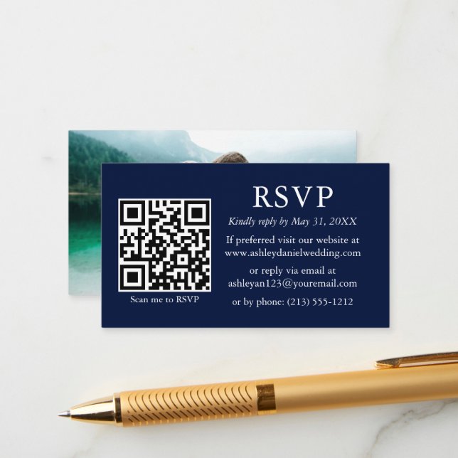 Minimalist Simple Photo Wedding QR Blue RSVP Enclosure Card (Front/Back In Situ)