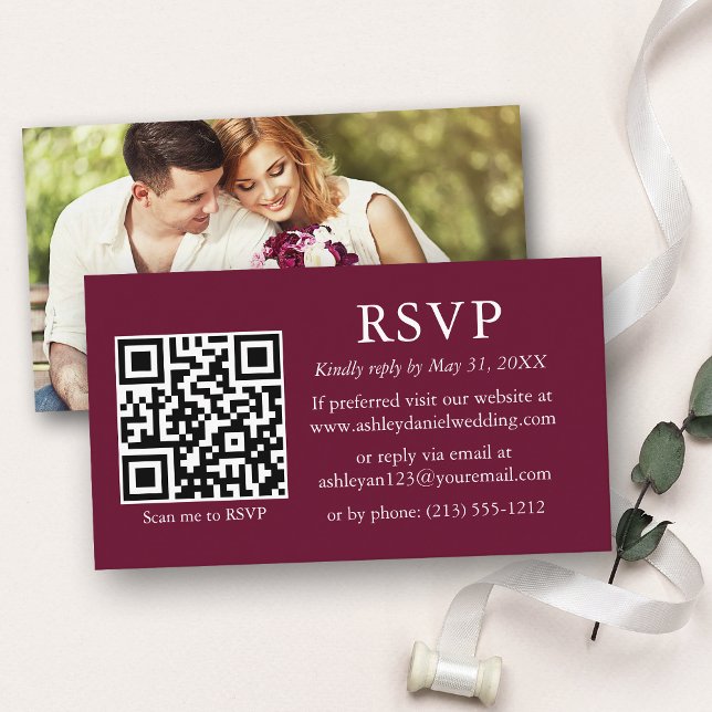 Minimalist Simple Photo Wedding QR Burgundy RSVP Enclosure Card (Customize to change text size, text style or background color of card.)