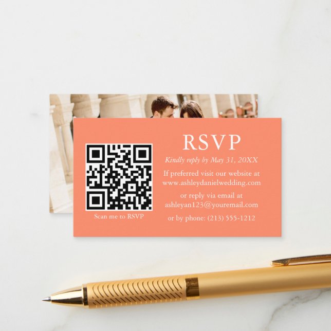 Minimalist Simple Photo Wedding QR Coral RSVP Enclosure Card (Front/Back In Situ)