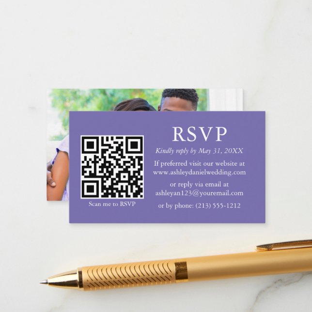 Minimalist Simple Photo Wedding QR Periwinkle RSVP Enclosure Card (Front/Back In Situ)