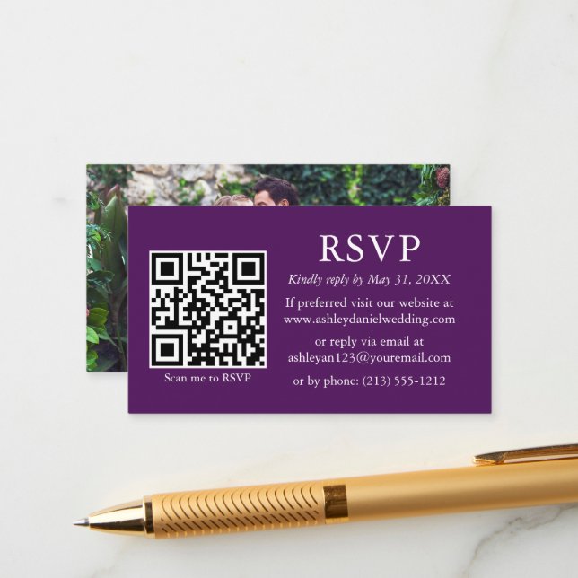 Minimalist Simple Photo Wedding QR Purple RSVP Enclosure Card (Front/Back In Situ)