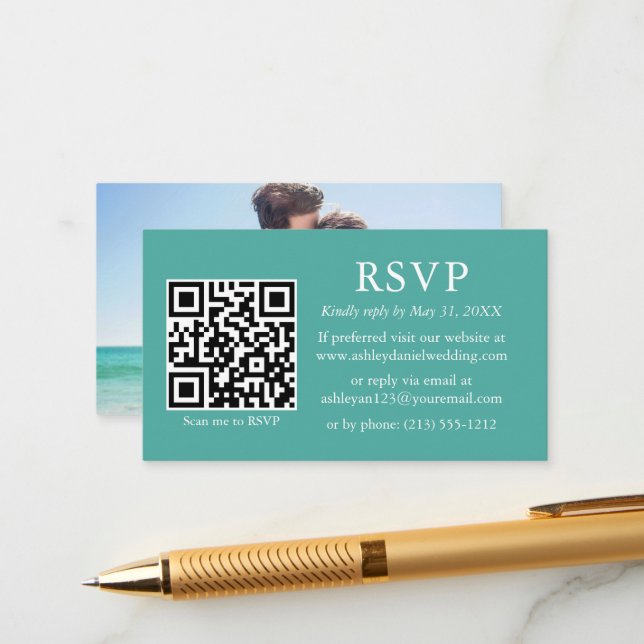 Minimalist Simple Photo Wedding QR Teal RSVP Enclosure Card (Front/Back In Situ)