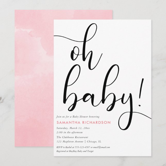 Minimalist simple pink black white girl baby invitation (Front/Back)