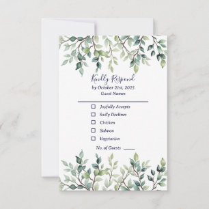 Minimalist Simple Pretty leaves branches wedding RSVP Card