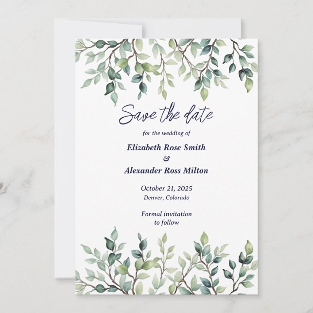 Minimalist Simple Pretty leaves branches wedding Save The Date (Front)