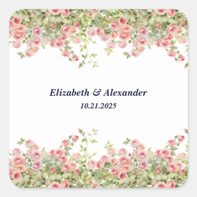 Minimalist Simple Pretty rose vine floral wedding Square Sticker (Front)
