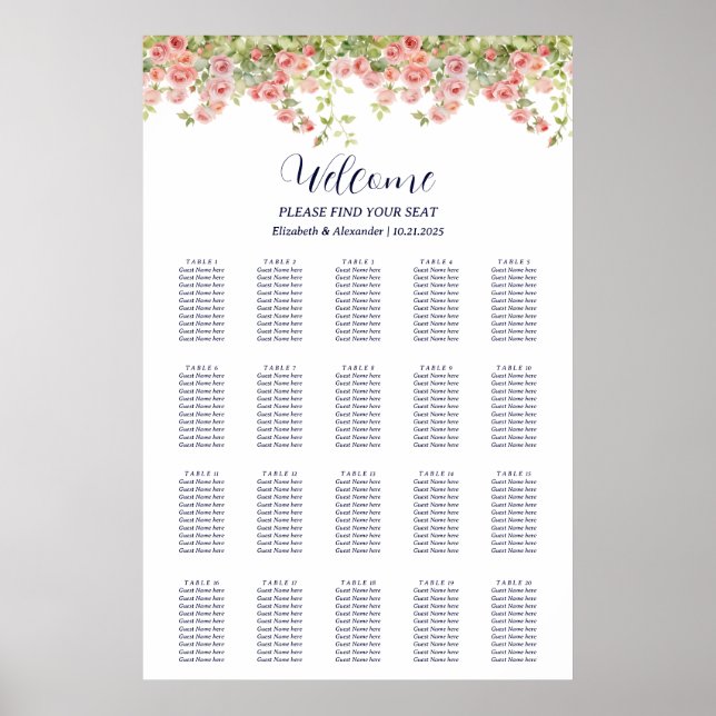 Minimalist Simple Pretty rose vine seating chart (Front)