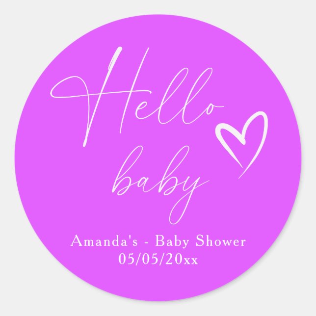 Minimalist Simple Purple Hello Baby Classic Round Sticker (Front)