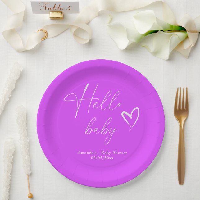 Minimalist Simple Purple Hello Baby Paper Plate (Wedding)