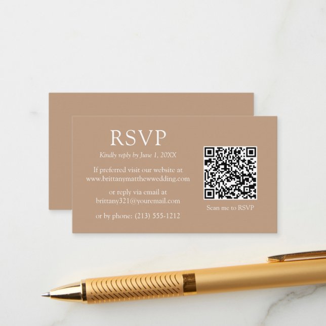 Minimalist Simple QR Code Wedding Taupe RSVP  Enclosure Card (Front/Back In Situ)