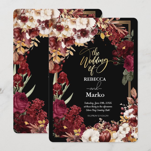 Minimalist Simple Red Rose,Gold Frame invitation  (Front/Back)