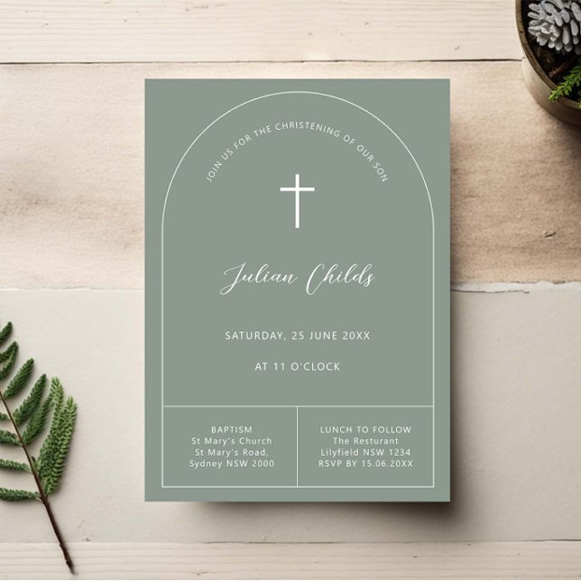 Minimalist simple sage green arch baptism invitation (Creator Uploaded)