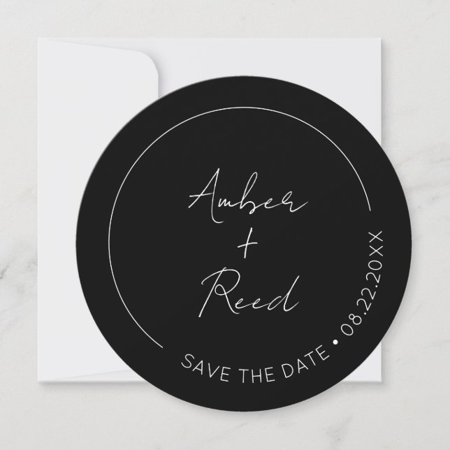 Minimalist Simple Script Black Round Circle Save T The Date (Front)