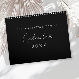 Minimalist Simple Script Black White 2025 Family Calendar