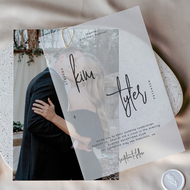 Minimalist simple script overlay wedding vellum invitations (Creator Uploaded)