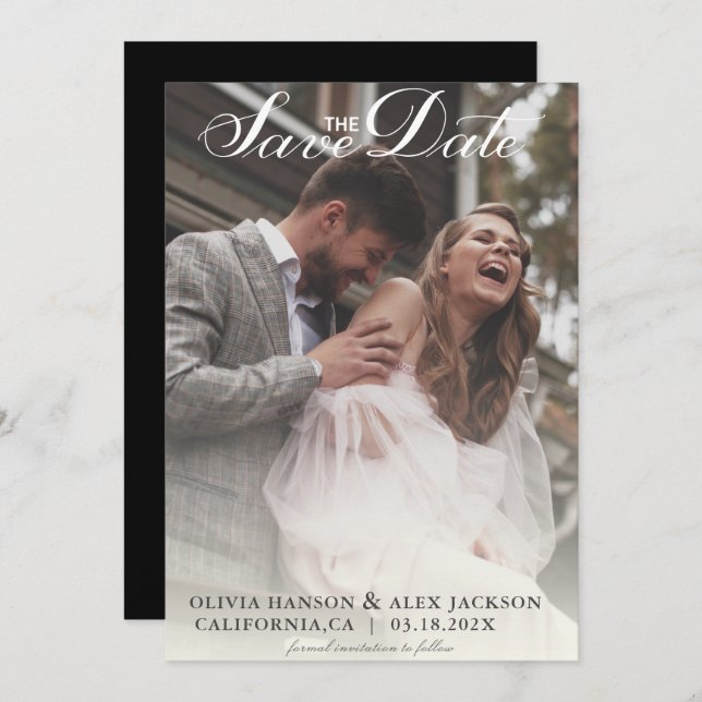 Minimalist Simple Script Photo Black Wedding  Save The Date (Front/Back)