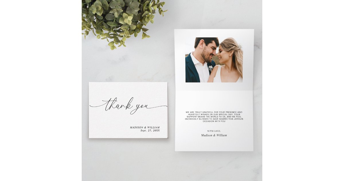 Minimalist Simple Script Photo Wedding Thank You Card | Zazzle