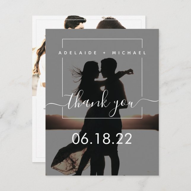 Minimalist Simple Script Wedding 3 Photo Collage Thank You Card (Front/Back)