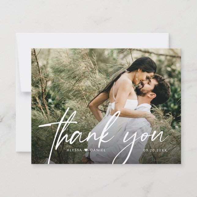 Minimalist simple Script wedding photo Heart  Thank You Card (Front)
