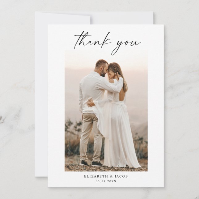 Minimalist Simple Script Wedding Photo Thank You Card (Front)