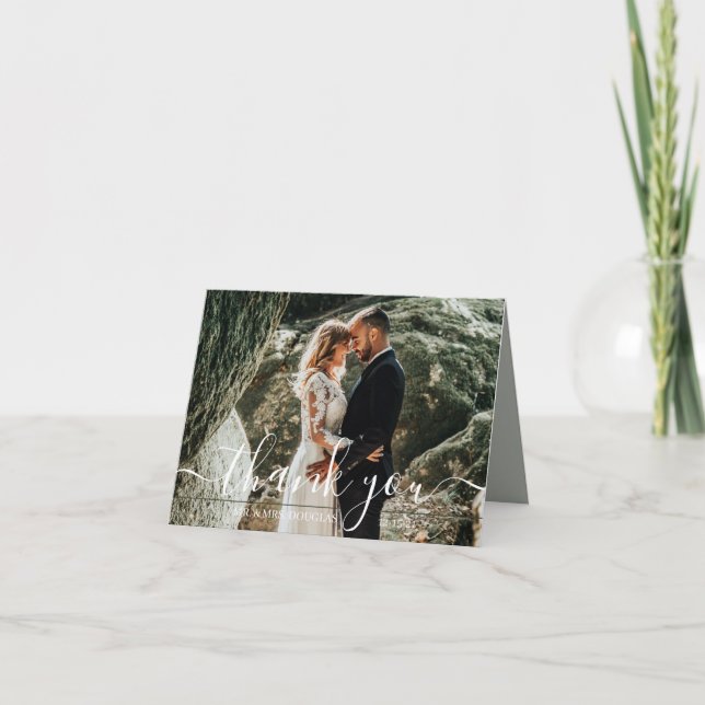 Minimalist Simple Script wedding photo Thank You Card (Front)